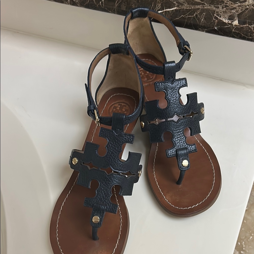 Navy Leather Sandals with Cutout Design